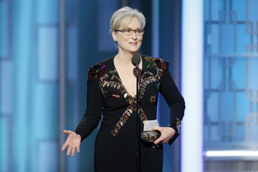 BEVERLY HILLS, CA - JANUARY 08: In this handout photo provided by NBCUniversal, Meryl Streep accepts  Cecil B. DeMille Award  during the 74th Annual Golden Globe Awards at The Beverly Hilton Hotel on January 8, 2017 in Beverly Hills, California. (Photo by Paul Drinkwater/NBCUniversal via Getty Images)